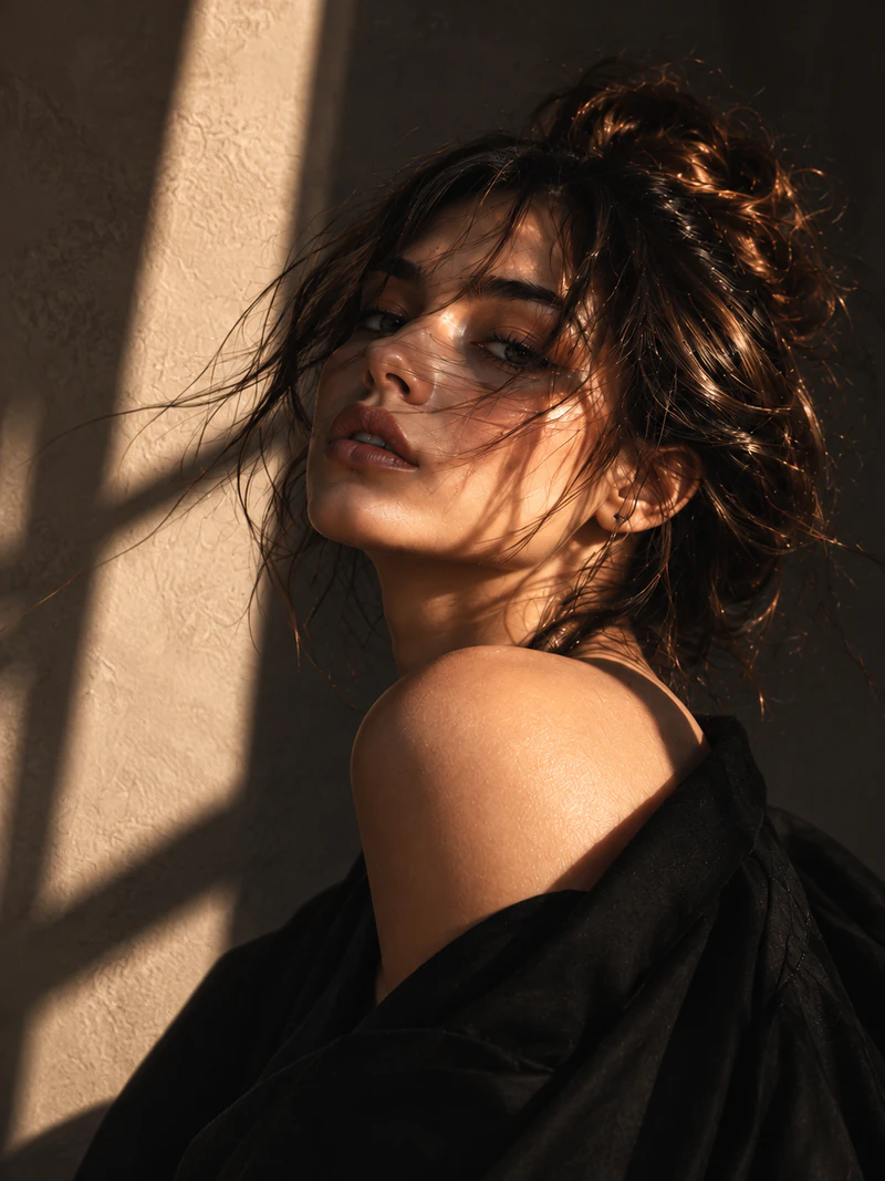 Editorial portrait of a woman in warm window light, wearing a black off-shoulder top
