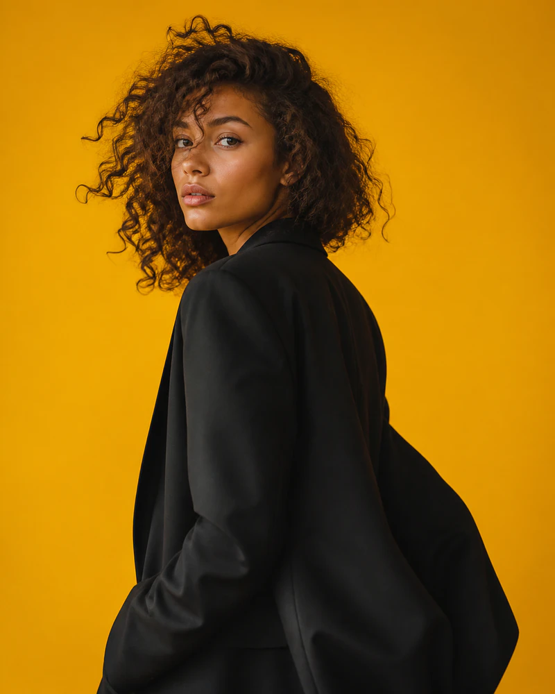 Synthetic portrait with curly hair and black clothing against a saturated golden background