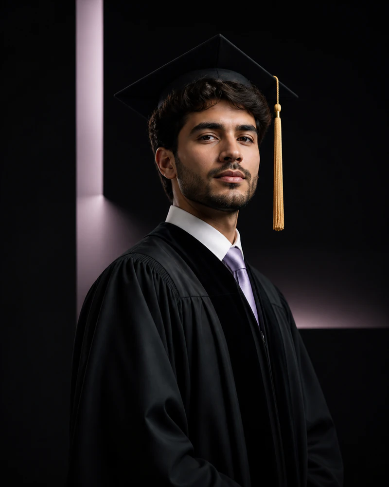 Synthetic graduation portrait with black cap and gown, lavender tie, and gold tassel