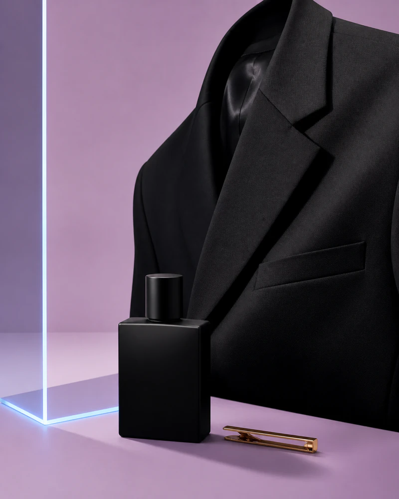 Synthetic still life of a black jacket, matte bottle, and gold tie clip on a lavender surface